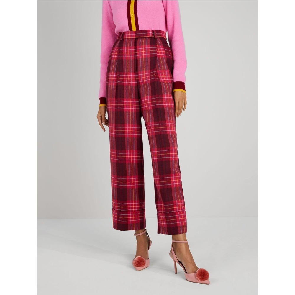 Kate Spade Women Wool Trousers 8 Red Plaid High Waisted Pleated Cuffed Hem